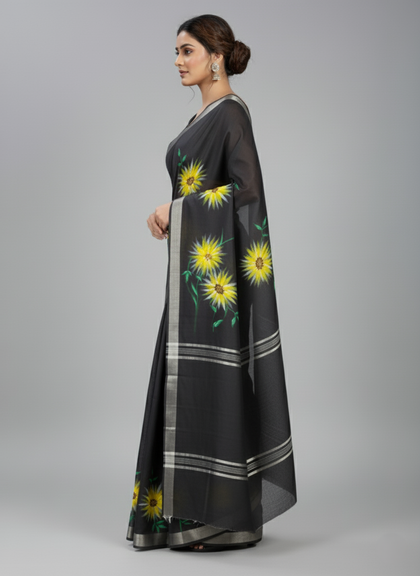 Black And Yellow Hand-Painted Abstract Sunflower Linen Saree