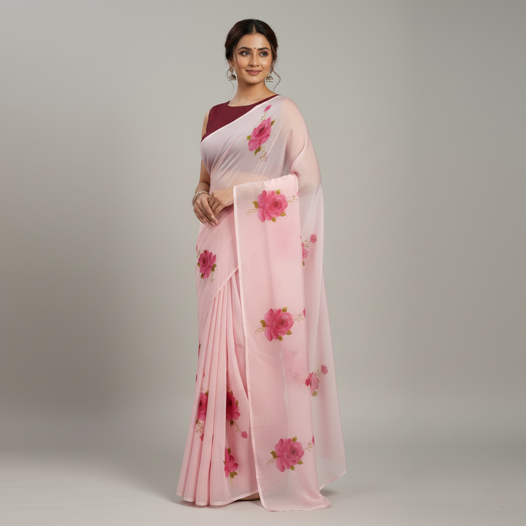 Pink Hand-Painted Floral Organza Saree