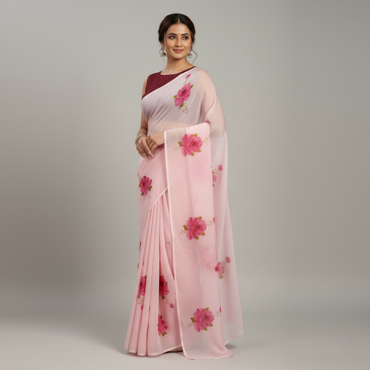 Another view of the pink hand-painted floral organza saree