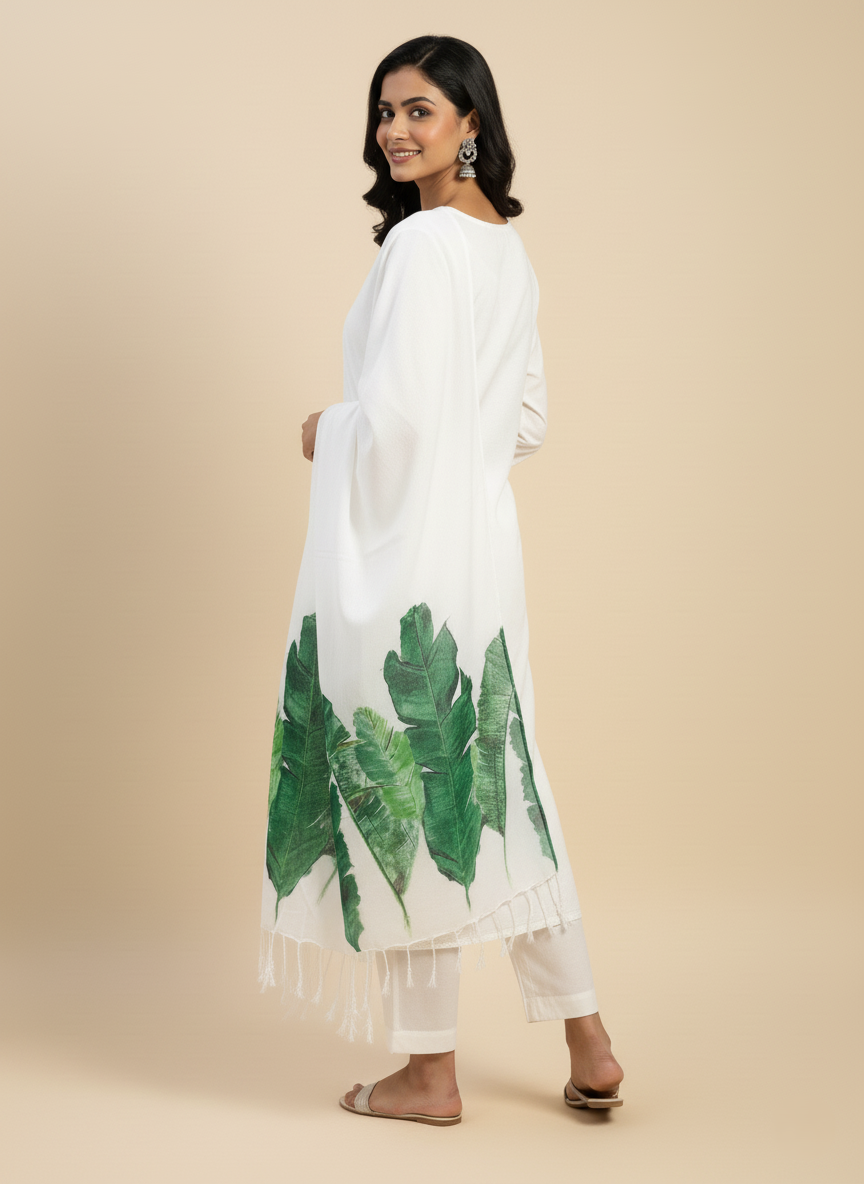 White Hand-Painted Leaf Stole