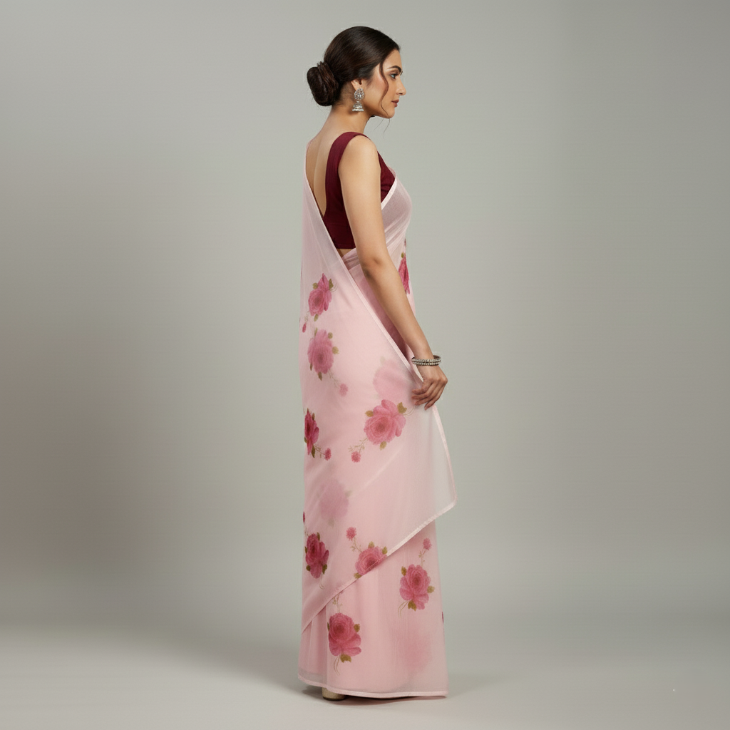Pink Hand-Painted Floral Organza Saree