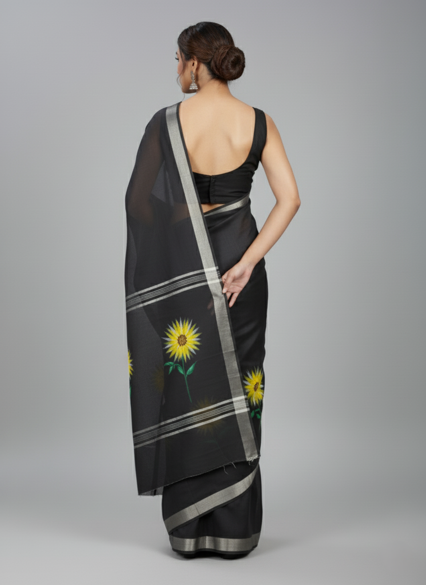 Black And Yellow Hand-Painted Abstract Sunflower Linen Saree
