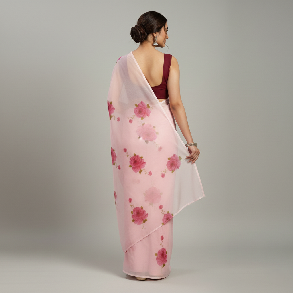Pink Hand-Painted Floral Organza Saree