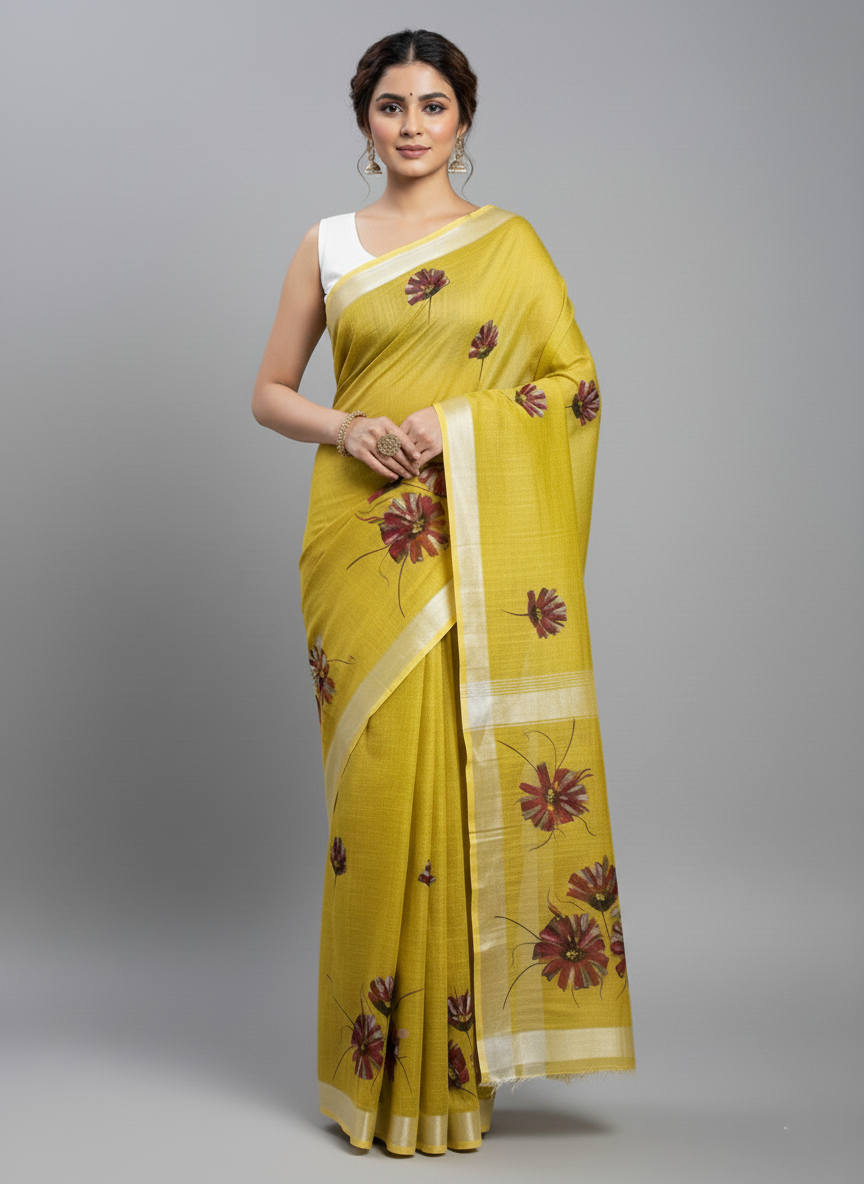 Mehndi Green Hand-Painted Linen Saree
