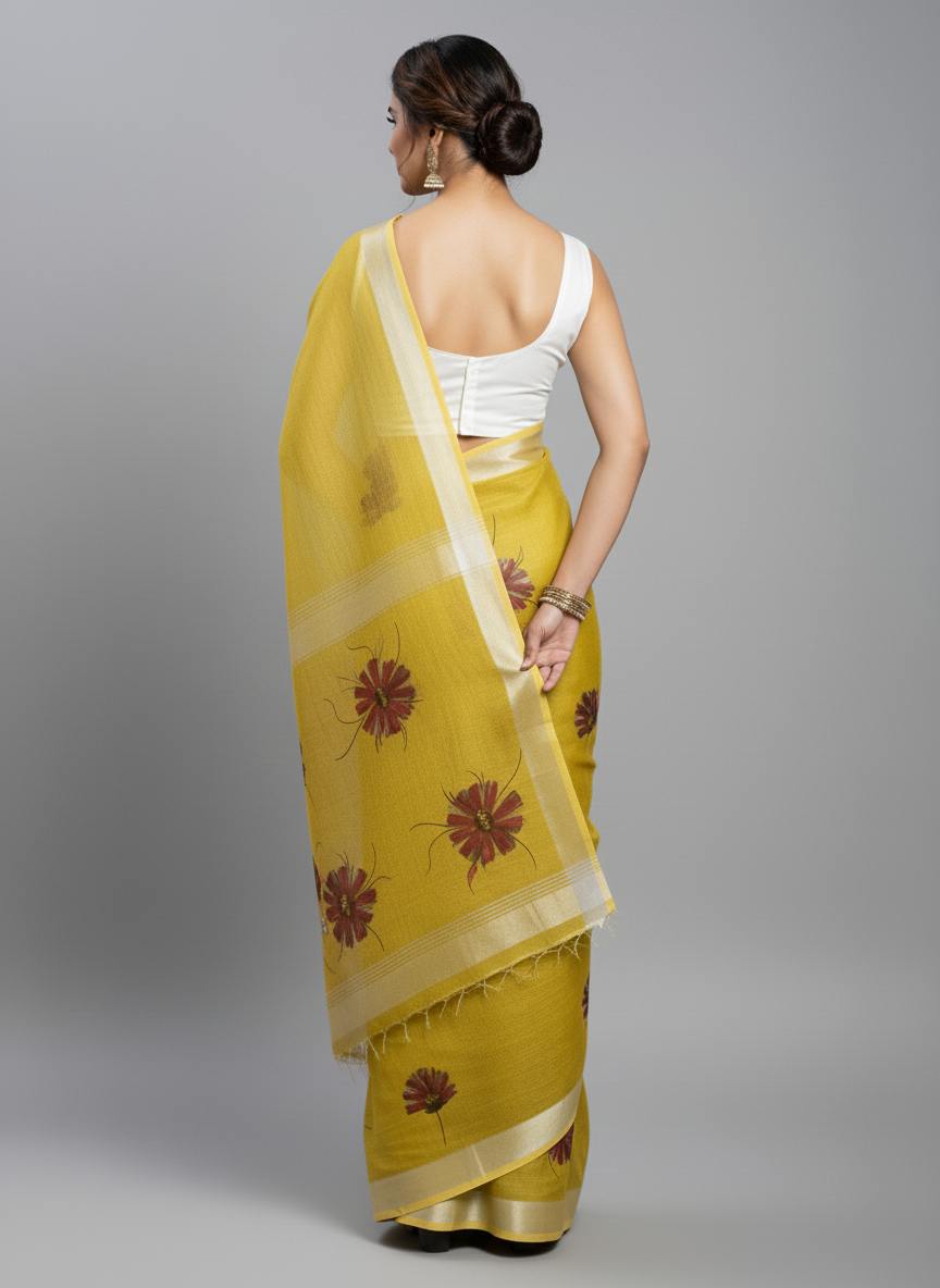 Mehndi Green Hand-Painted Linen Saree
