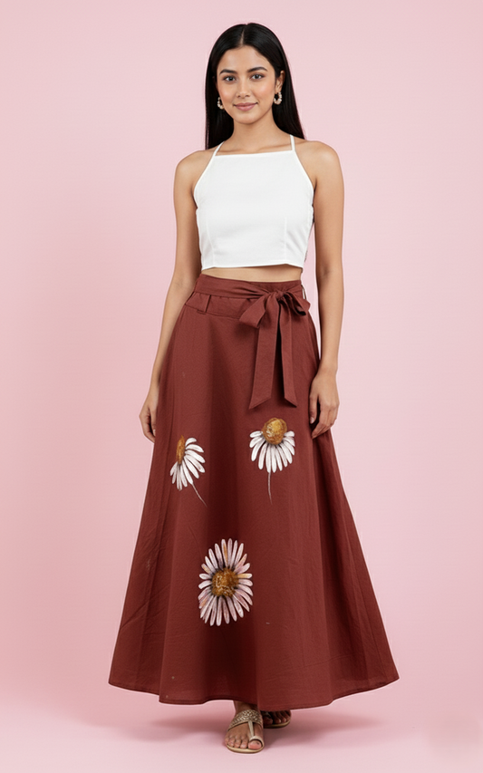 Surya Bloom, another view of the hand-painted sunflower wrap around skirt