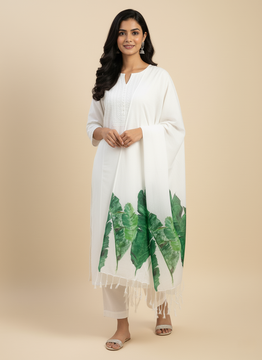 White Hand-Painted Leaf Stole