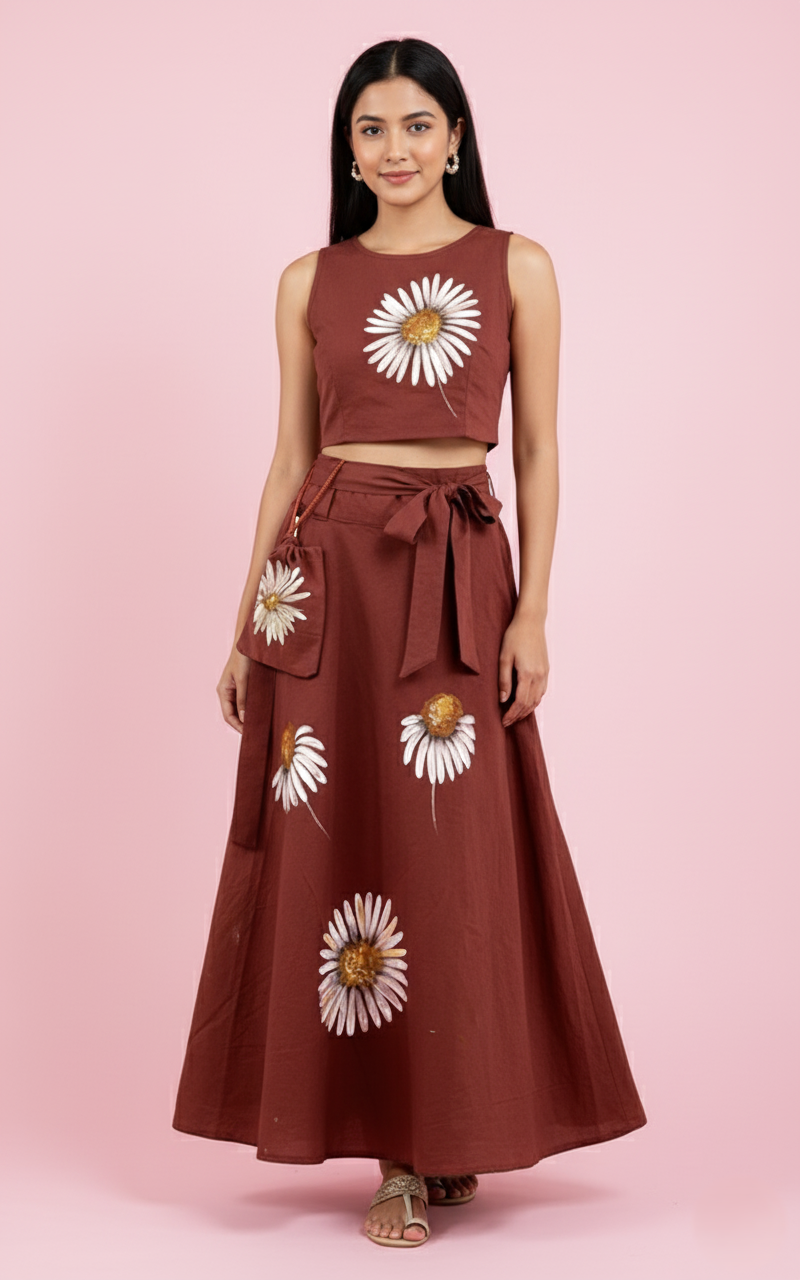 Surya Bloom, cotton wrap around skirt hand-painted with sunflowers