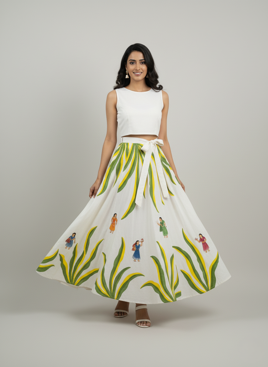 Bagh Canvas, cotton wrap around skirt hand-painted with a graceful figure in motion