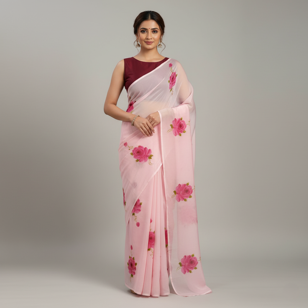 Pink organza saree with hand-painted floral details