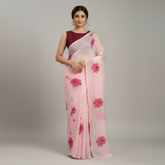 Pink Hand-Painted Floral Organza Saree