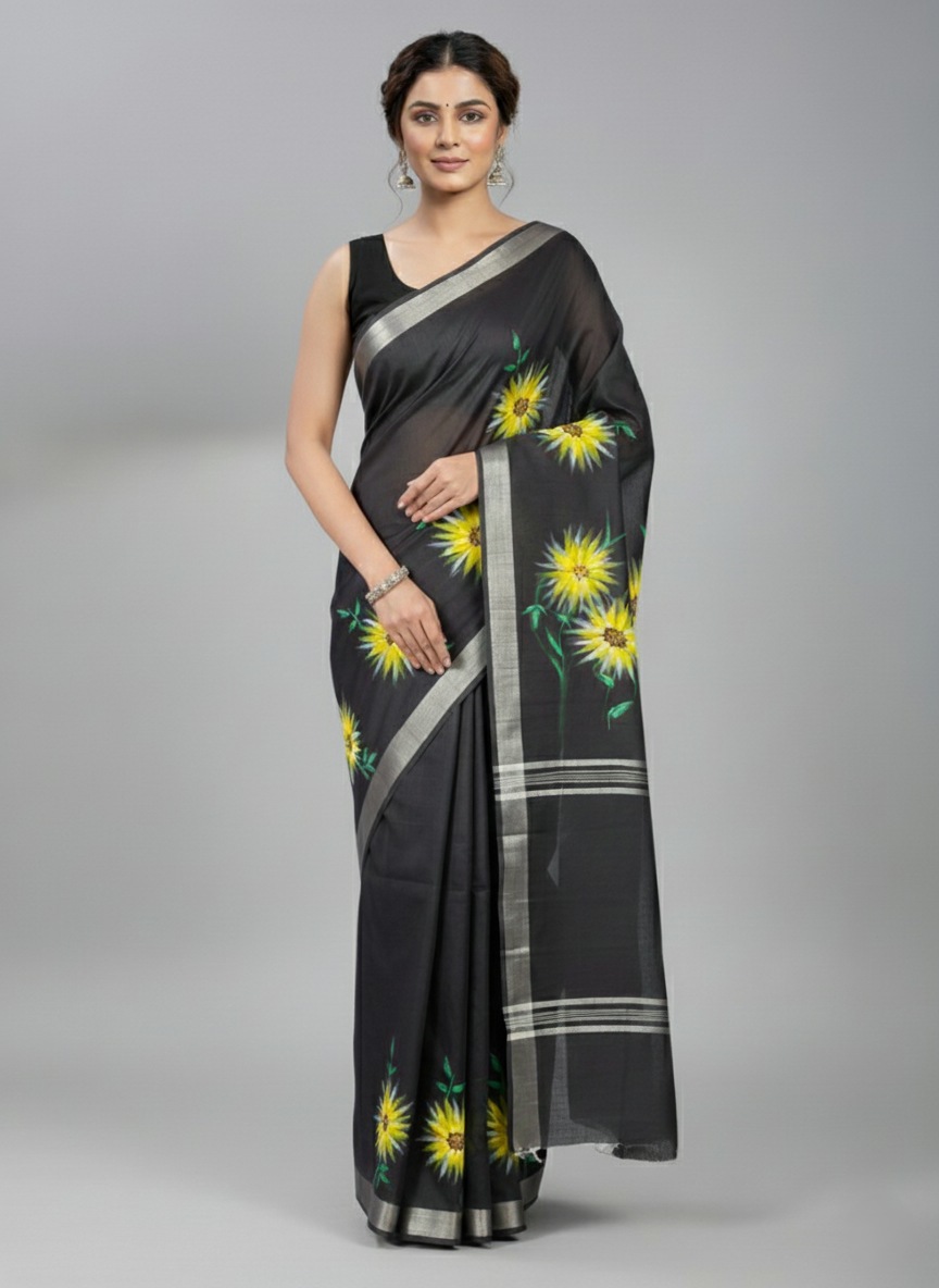 Black and yellow linen saree hand-painted with abstract sunflowers