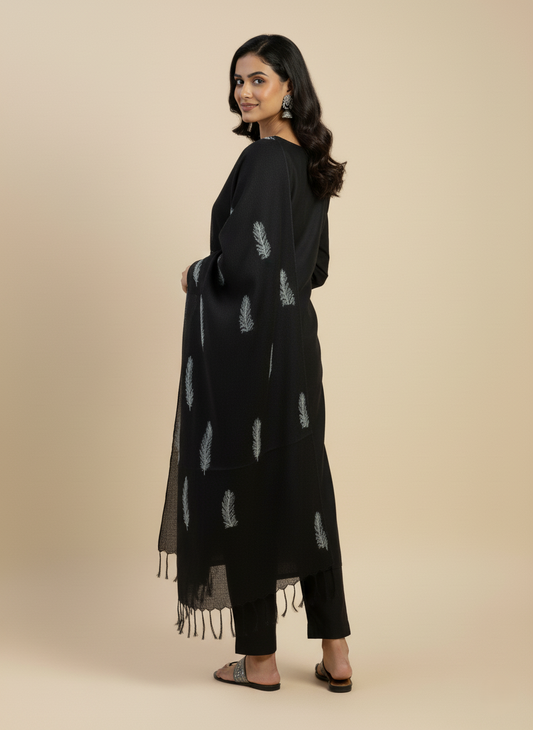 Another view of the black hand-painted feather stole