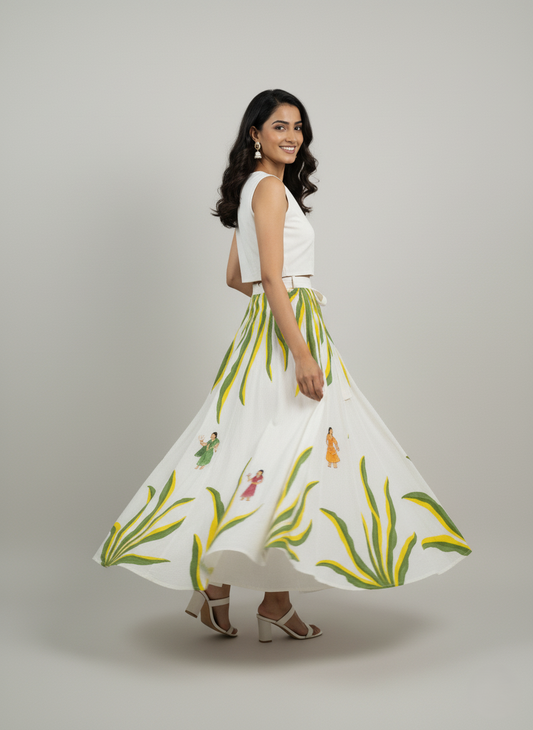 Bagh Canvas, another view of the hand-painted figure wrap around skirt
