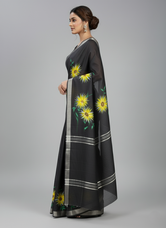 Another view of the black and yellow hand-painted abstract sunflower linen saree
