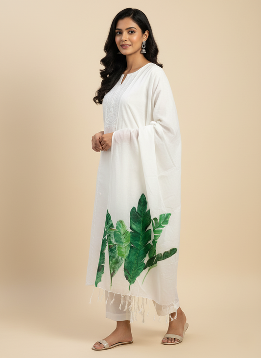 Another view of the white hand-painted banana leaf stole