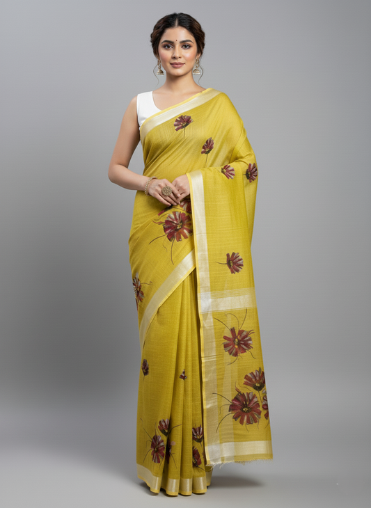 Mehndi Green Hand-Painted Linen Saree