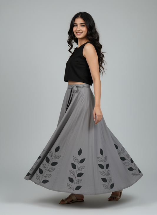 Patra Whisper, another view of the hand-painted leaf wrap around skirt