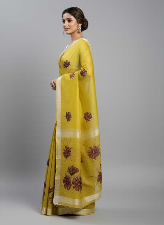 Mehndi Green Hand-Painted Linen Saree
