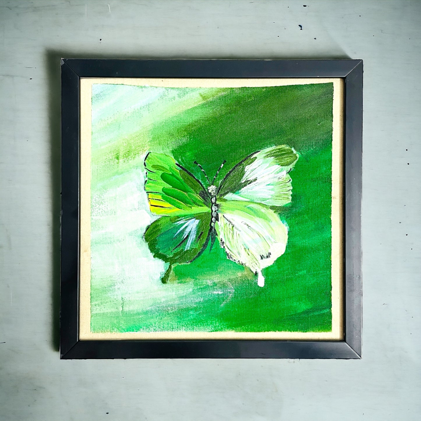 Green Hand-Painted Butterfly Painting