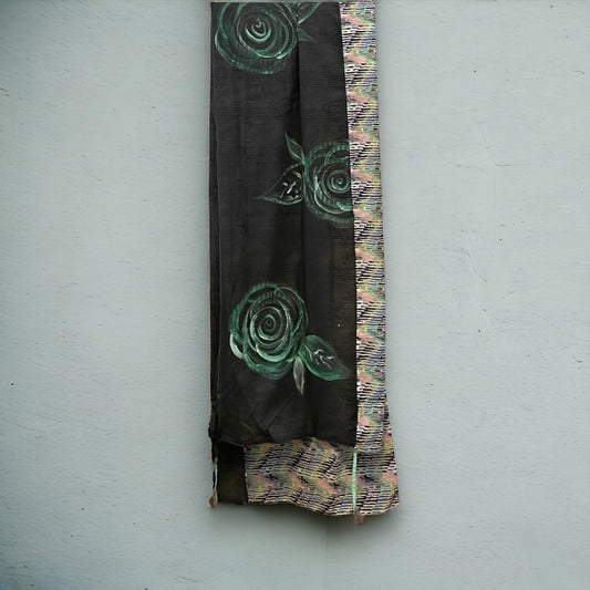 Black and Green Hand-Painted Reversible Floral Stole