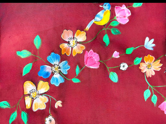 Another view of the maroon hand-painted floral silk blouse
