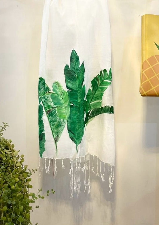 White Hand-Painted Leaf Stole